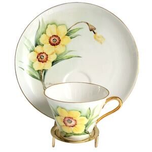 Vintage Bareuther Waldsassen Snack Plate Cup Yellow Daffodil Hand Painted Signed